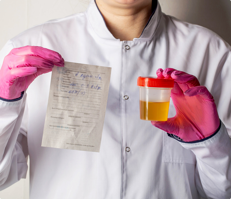 Medical professional with lab report and sample.