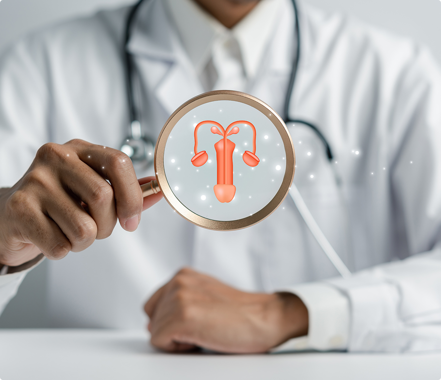 Healthcare professional holding uterine health symbol