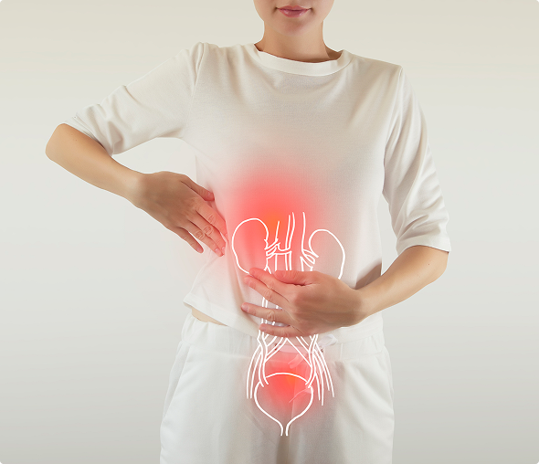 Woman highlighting kidney and abdominal discomfort